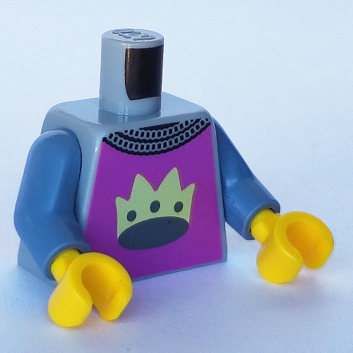 Lego Torso Armor, Crown on Pink Background and Gold Border Print, Sand Blue Arms, Yellow Hands / Light Bluish Gray