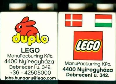 Lego Duplo, Brick 2 x 2 x 2 with LEGO Logo, Duplo Logo, Danish and Hungarian Flag Pattern - LEGO Factory Hungary Promotional (Version with Postal Address)