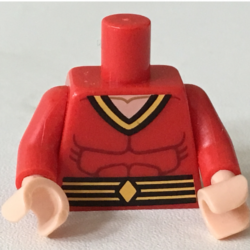 Lego Torso Muscles with Belt with Yellow Lines and Diamond Print (Plastic Man), Red Arms, Light Nougat Hands / Red
