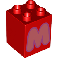 Lego Duplo Brick 2 x 2 x 2 with Coral 'M' Print / Red