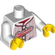 Lego Torso Baseball Jersey, Vertical Red Stripes with Buttons and 'Clutchers' Logo Print, White Arms, Yellow Hands / White