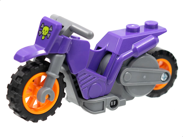 Lego Stuntz Flywheel Motorcycle Dirt Bike with Dark Bluish Gray Frame, Orange Wheels, and Dark Bluish Gray Handlebars with Lime Skull and Silver Crossbones Pattern