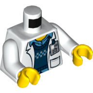 Lego Torso Lab Coat with Pockets over Blue Vest and Shirt, ID Badge with Ultra Agents Logo Print (Christina Hydron), White Arms, Yellow Hands / White