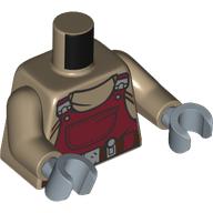 Lego Torso, Dark Red Overall/Apron print, Dark Tan Arms, Sand Blue Hands / Dark Tan