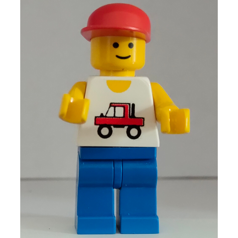Lego Man, White Vest with Truck, Blue Legs, Red Cap (3626a Head)