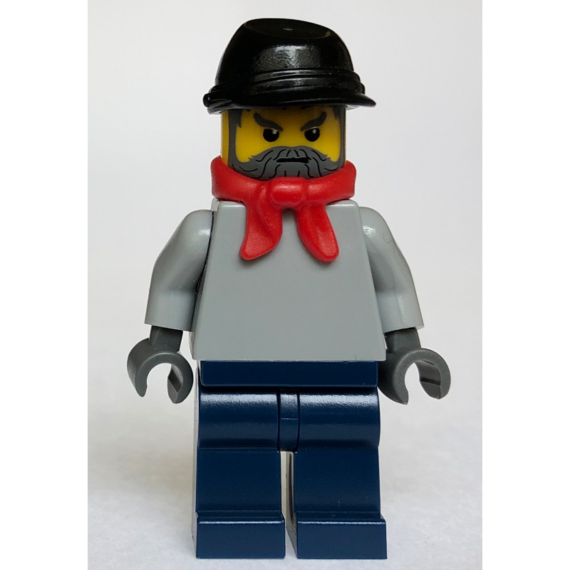 Lego Train Worker - Light Bluish Grey Torso, Dark Blue Legs, Red Scarf, Black Kepi