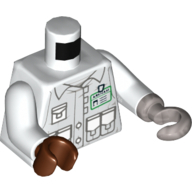 Lego Torso Jacket with Pockets, Bright Green ID Badge and 'ARKHAM ASYLUM' on Back Print, White Arms, Reddish Brown Right Hand, Flat Silver Left Hook / White