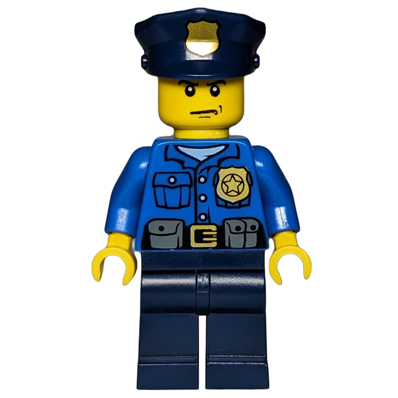 Lego Policeman, Blue Shirt with Badge and Pouches, Dark Blue Legs, Dark Blue Police Hat with Badge, Stern
