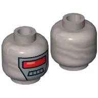 Minifig Head Robot, Red Visor, 4 Mouth Squares on White Background Print [Hollow Stud] / Flat Silver