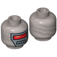 Lego Minifig Head Robot, Red Visor, 4 Mouth Squares on White Background Print [Hollow Stud] / Flat Silver