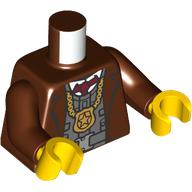 Lego Torso Jacket, Open over Armored Vest, Gold Necklace with Police Badge Pendant Print, Reddish Brown Arms, Yellow Hands / Reddish Brown
