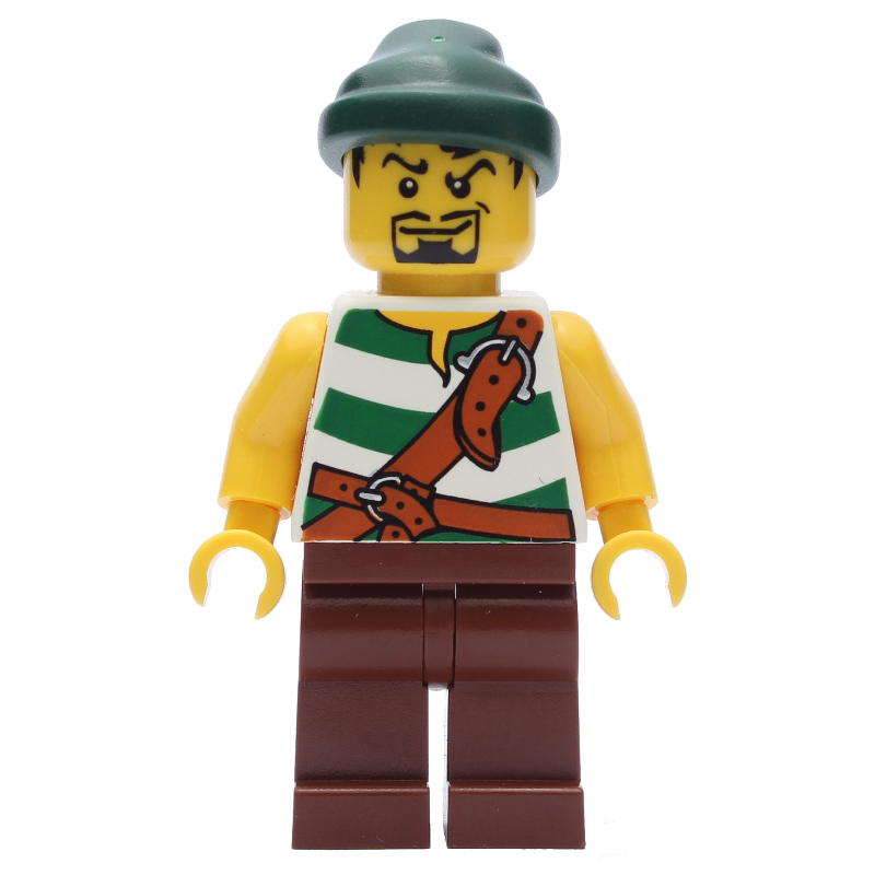 Lego Pirate - Green Stripes, Reddish Brown Legs, Dark Green Bandana, Black Beard