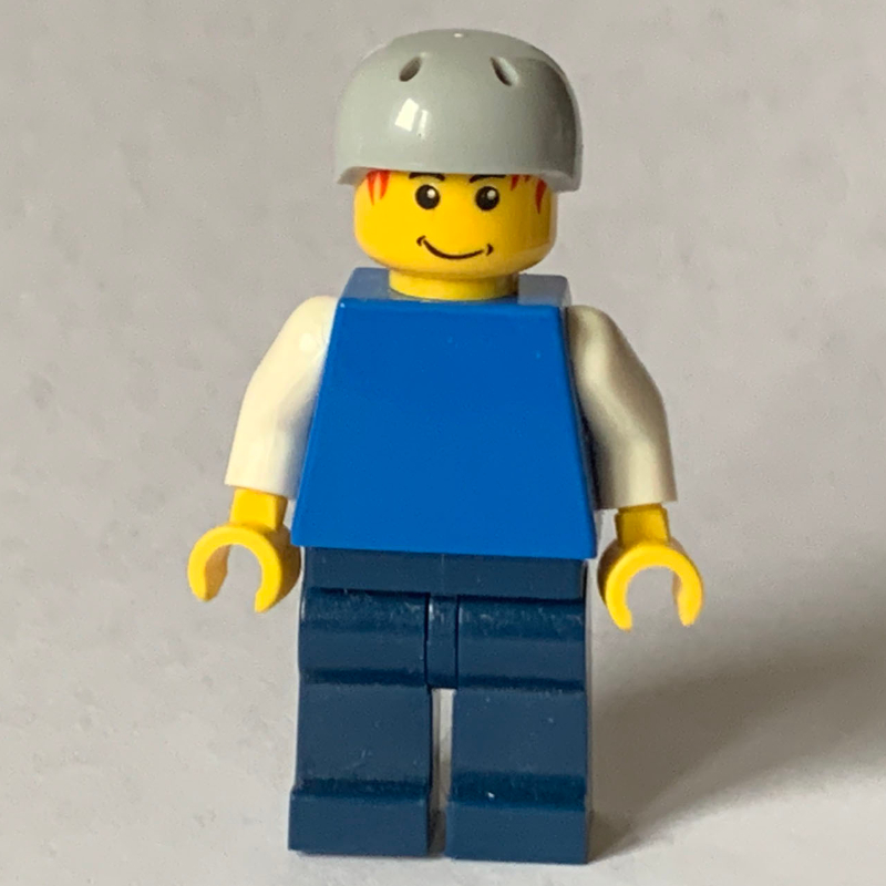 Lego Man, Plain Blue Torso with White Arms, Dark Blue Arms, Light Bluish Gray Helmet