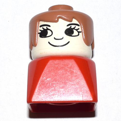 Lego Duplo 2 x 2 x 2 Figure Brick Early, Long Swept Hair Fabuland Brown, Eyelashes Print / Red