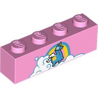 Lego Brick 1 x 4 with Dark Azure Unicorn Llama on Clouds print / Bright Pink