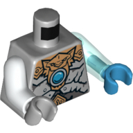 Lego Torso, Odd Arms and Hands, Vest with Copper Tiger Armor with Blue Round Jewel (Chi) Print, Left Trans-Light Blue Arm and Dark Azure Hand, Right White Arm and Light Bluish Gray Hand / Light Bluish Gray