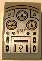 Slope, Curved 3 x 2 with Gold and Silver Flight Control Panel with Buttons, Gauges, 'FOX', USB Symbol and Ports Pattern (Sticker) - Set 72005