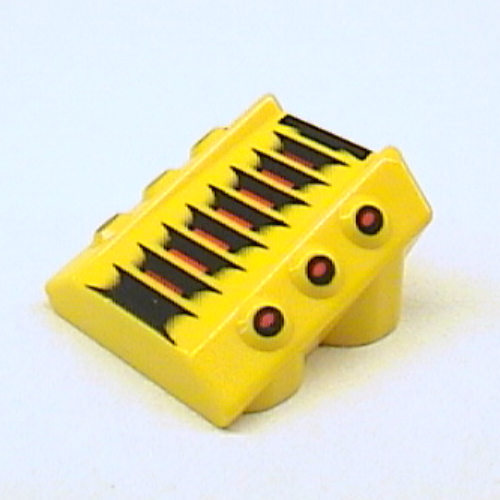 Lego Brick Sloped 2 x 2 No Studs, with 3 Side Pistons Raised Edges and Red/Black Lines and Red Dots Print