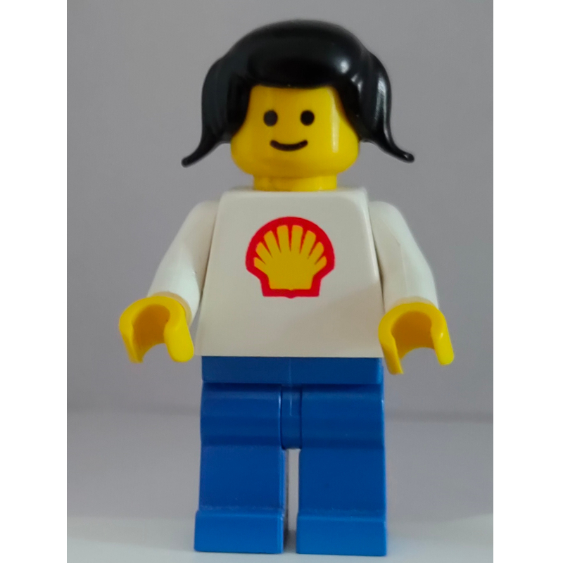 Lego Woman, White Torso with Shell Logo, Blue Legs, Black Pigtails Hair