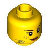 Lego Minifig Head Gail, Dark Brown Eyebrows, Eyelashes, Freckles, Scratches, Determined Print / Yellow