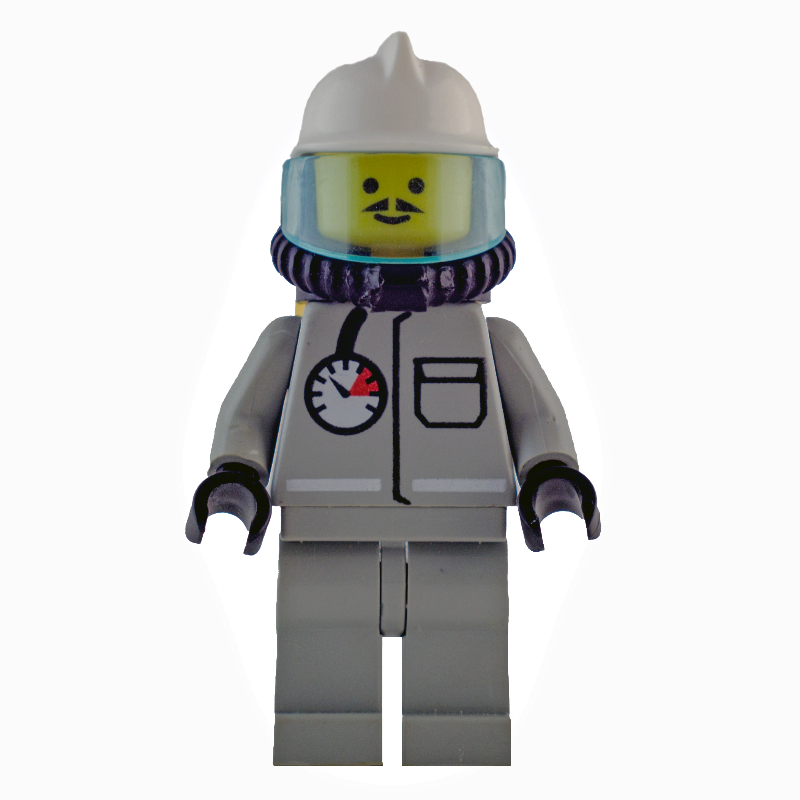 Lego Fireman, Shirt with Gauge and Pocket, Light Gray Legs, White Helmet, Breathing Apparatus, Airtanks, Moustache