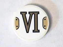 Tile, Round 2 x 2 with Bottom Stud Holder with Gold Roman Numeral 6 'VI' Pattern (Sticker) - Set 75904