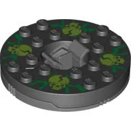 Turntable 6 x 6 Round Dark Bluish Gray Base with Black Top with Lime Skulls on Green Print (Ninjago Spinner) / Black