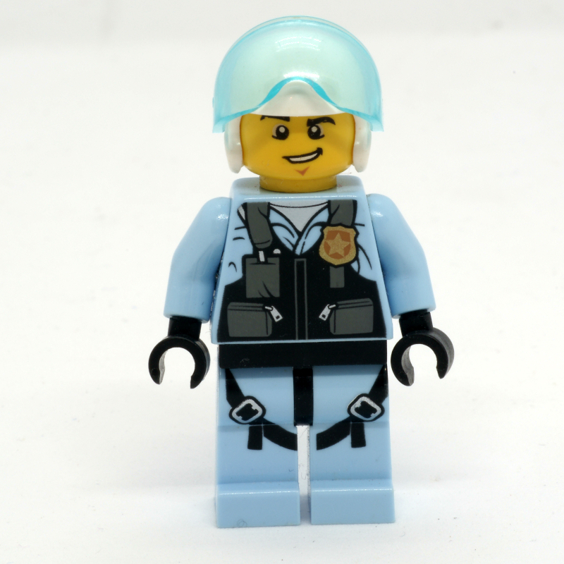 Lego Policeman, Pilot, Black Vest with Badge and Pouches, White Helmet with Visor