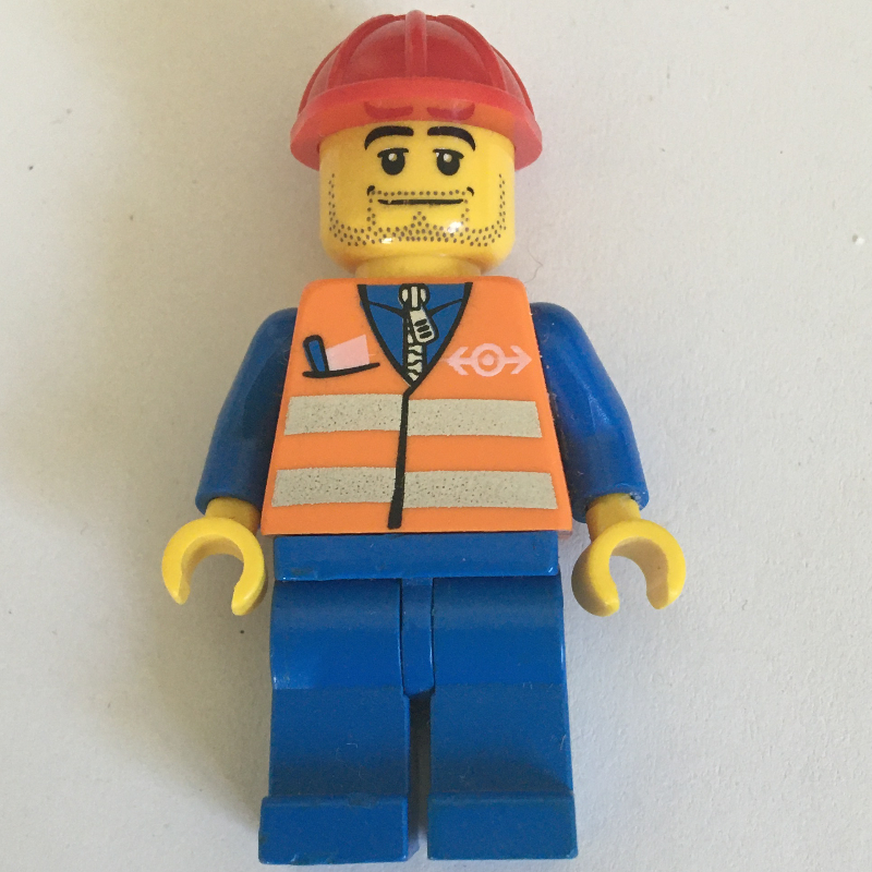 Lego Worker - Orange Safety Vest, Blue Legs, Red Helmet, Stubble Beard