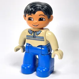 Duplo Figure Side Parted Hair Black, with Blue Legs, Shirt with Collars Print, Brown Eyes, Tan Hands / Tan