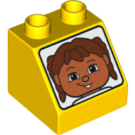 Lego Duplo Brick 2 x 2 Slope 45° with Female Face with Brown Hair Print / Yellow
