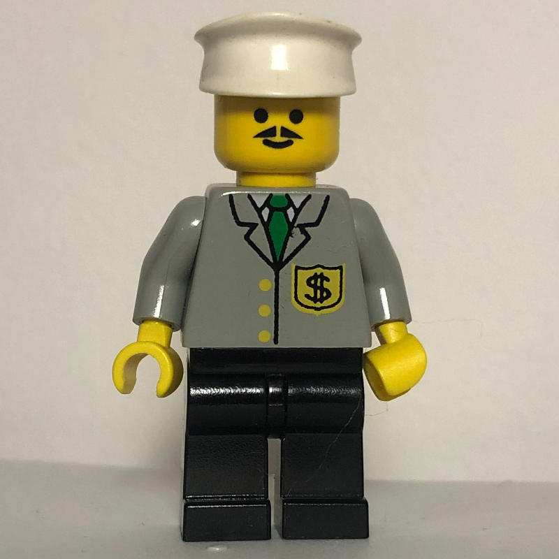 Lego Banker, Light Gray Jacket with Badge and Tie, Black Legs, White Hat, Moustache