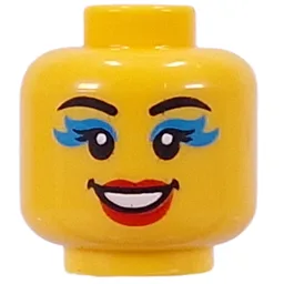 Minifig Head Black Eyebrows, Dark Turquoise Eyeshadow, Red Lips, Open Mouth Smile / Scream / Yellow