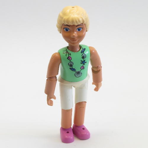 Lego Belville Figure Articulated Elbows, Child, Female, Light Yellow Hair, White Shorts, Light Green Shirt with Shells Necklace Print / [No Color/Any Color]