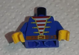 Torso Pirate Jacket Open with Yellow Trim over Shirt with Red and White Horizontal Stripes, Dark Orange Belt with Buckle Pattern, Inside with Ribs (Reissue) / Blue Arms / Yellow Hands