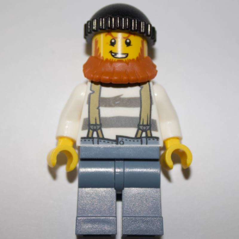 Lego Criminal, Prison Shirt with Suspenders, Black Hat, Dark Orange Beard