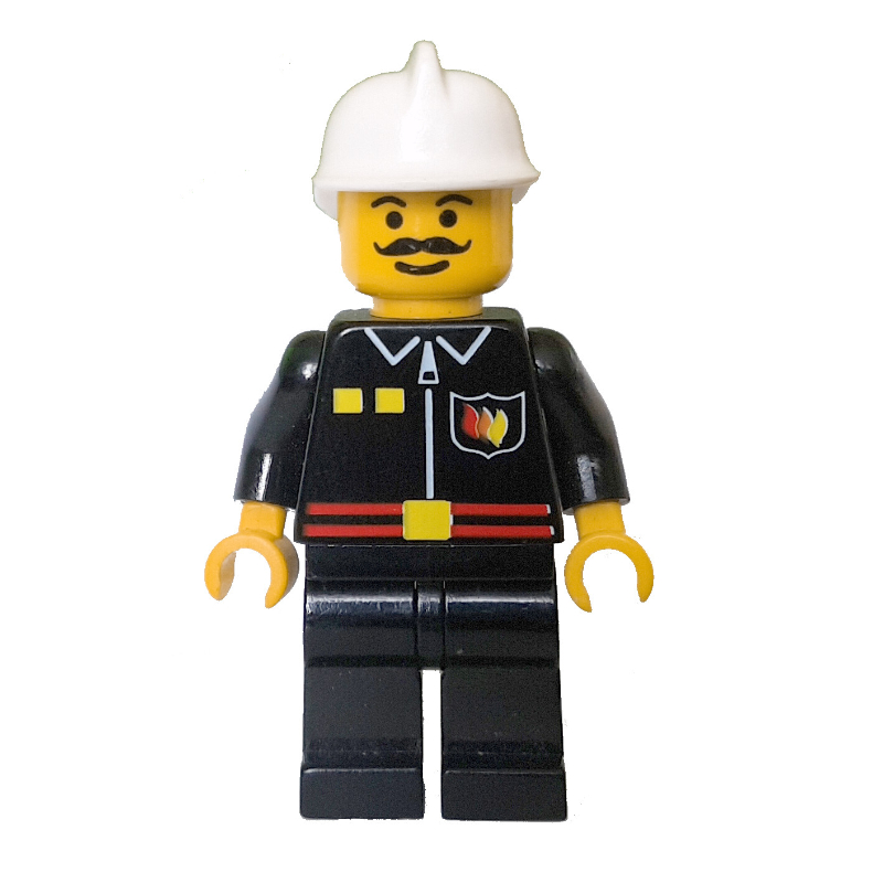 Lego Fireman, Black Fire Jacket with Red Belt and Badge, White Helmet, Moustache