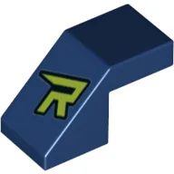 Brick Sloped 45° 2 x 1 with 2/3 Inverted Cutout and no stud with Lime 'R' Print / Dark Blue