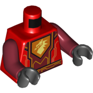 Lego Torso Armor with Orange and Yellow Details, Dark Red Center Panel, Dragon Head on Pentagonal Shield Print, Dark Red Arms, Black Hands / Red