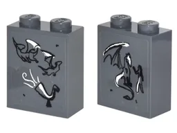 Brick 1 x 2 x 2 with Inside Stud Holder with 2 Dragons and Horn Front, 1 Dragon and Figure Back on Transparent Background Pattern (Stickers) - Set 41178