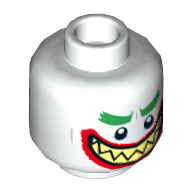 Lego Minifig Head Joker, Green Eyebrows, Red Lips, Sharp Teeth, Wide Clenched Grin / Wide Open Mouth Grin Print / White