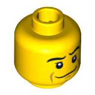 Lego Minifig Head Knight, Crooked Smile, Black Eyebrows, White Pupils, Chin Dimple Print [Hollow Stud] / Yellow