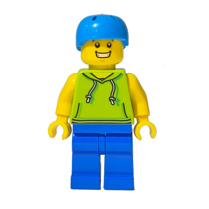 Lego Man, Lime Hoodie, Blue Legs, Dark Azure Helmet