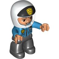 Lego Duplo Figure with Helmet White with Black Front and Badge, Black Legs, Dark Azure Top with Badge and Radio Print (Police) / Dark Azure