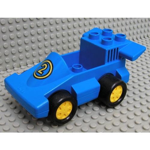 Lego Duplo Car Formula One with Blue Bottom and Yellow Number 2 Print / Blue