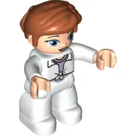 Duplo Figure with Thick Short Hair Combed over Forehead and Bun Dark Orange, White Legs, White Lab Coat, Lavender Shirt / White
