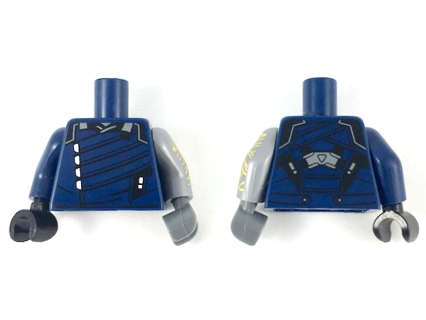 Lego Torso Jacket with Silver Trim Pattern / Flat Silver Arm Left with Gold Circuitry Pattern / Dark Blue Arm Right / Dark Bluish Gray Hand Left / Black Hand Right