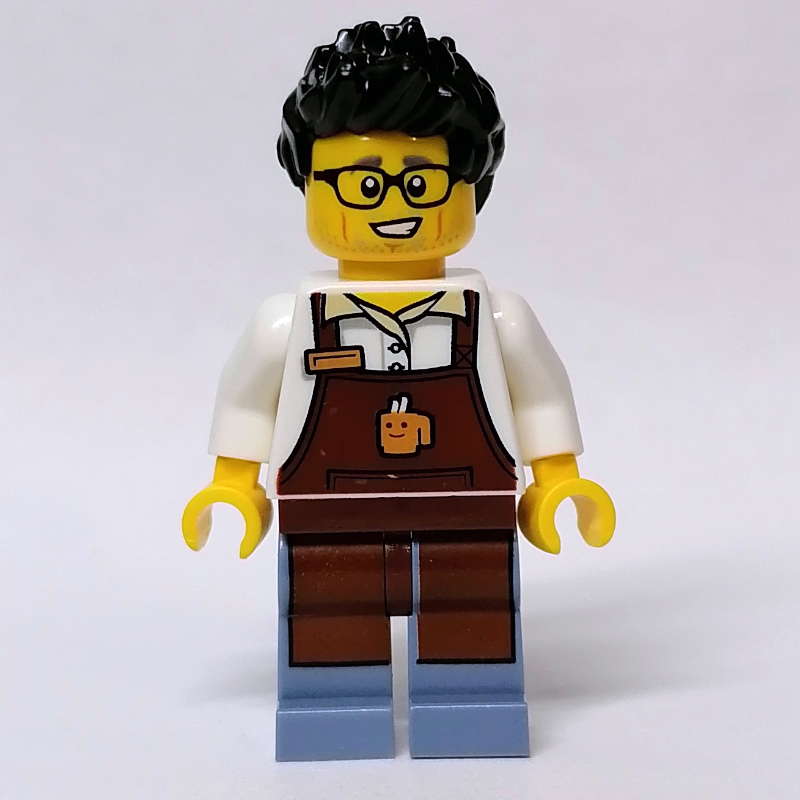 Lego Barista, Reddish Brown Apron, Sand Blue Legs, Black Hair