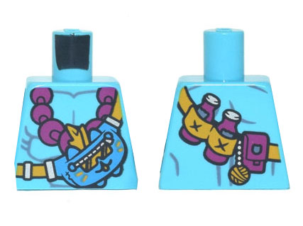 Lego Torso Bare Chest, Magenta Beaded Necklace, Strap with Mo the Cat Pouch, Bottles, and Yarn Bauble Pattern