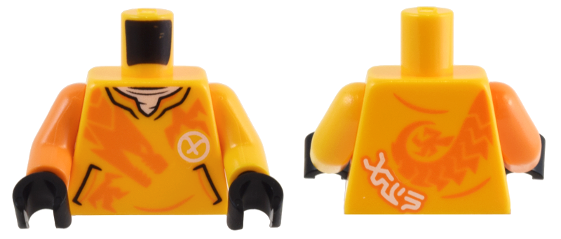 Lego Torso Shirt with Pockets, Orange Dragon, White Ninjago Logogram Letter A and 'ARIN' Pattern / Bright Light Orange Arm Left / Orange Arm Right / Black Hands